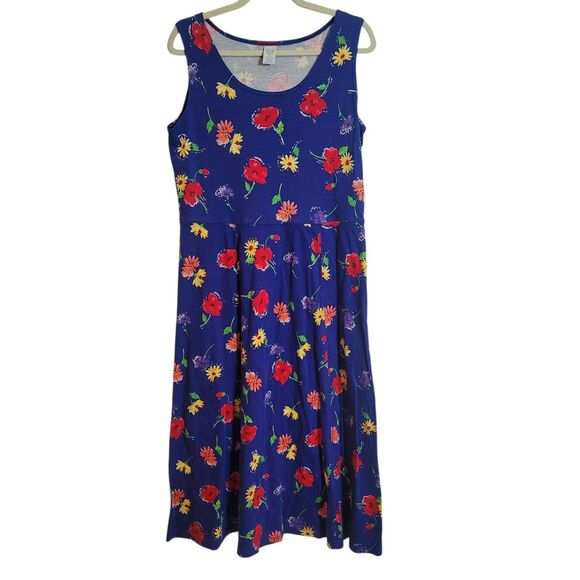 Land's End Floral Cotton Midi Dress Women's Size Large 10-12 Blue Casual Picnic - Picture 1 of 9